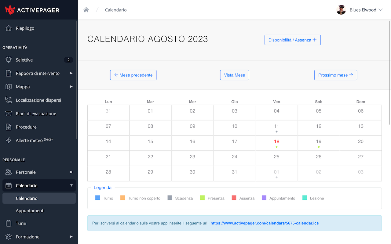 Calendario con turni ed eventi
